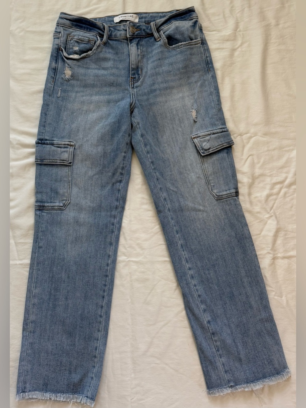 Lovervet by Vervet Cargo Straight Leg Jeans Raw Hem Light Wash 29